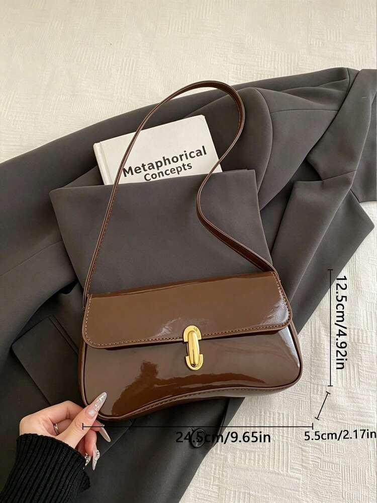 Women's Handbag Shoulder Bag, Solid Color With Gold Buckle, Vintage Classic Style, Suitable For Daily, Party, Work - Brown - View 10