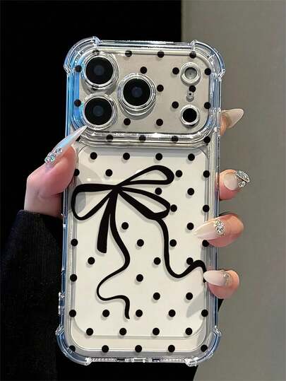 Minimalist Black Polka Dot And Bow Design Transparent Shockproof Phone Case, Summer Vacation Essential Suitable For Daily Use, Compatible With Apple 17/17 Pro/17 Pro Max/16/16 Pro/16 Plus/16 Pro Max/15/15 Pro/15 Plus/14/14 Pro/14 Pro Max/13/13 Pro/13 Pro Max/12/12 Pro/12 Pro Max/11/XR/7/8plus Back To School Gift, Graduation Gift, Birthday Gift, Anniversary
