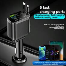 1件裝可伸縮5合1車用充電器轉接頭，內建可伸縮線，雙PD 3.1A超快充接口，數位電壓顯示，通用車充，適用手機、平板與電子設備，適合日常開車通勤與公路旅行 - 均碼 - 查看 2