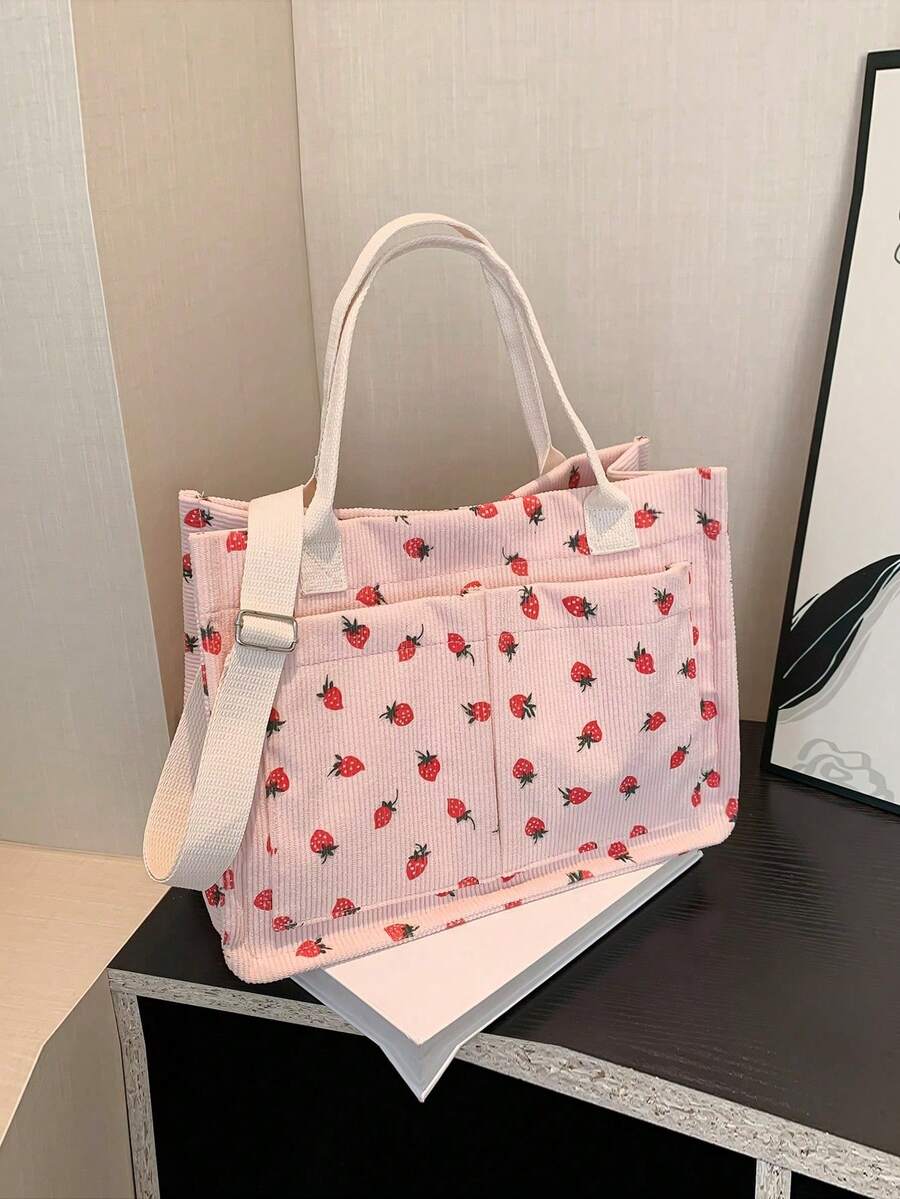 Bolso de tote ligero con estampado de fresa, de estilo casual y conúltiples bolsillos, de gran capacidad con correa de hombro ajustable, adecuado para chicas, mujeres, compras, trabajo, ho - Beis - Ver 1
