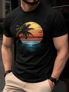 100%Puro algodón para hombre T Camisa,Mangas cortas de verano,Corte ajustado,Diseño de cuello redondo,A la moda y casual,Adecuado para hombres jóvenes,Presenta un diseño con estampado de palmer al atardecer.,Moda,Elegante,Único e interesante. - Negro - Ver 1
