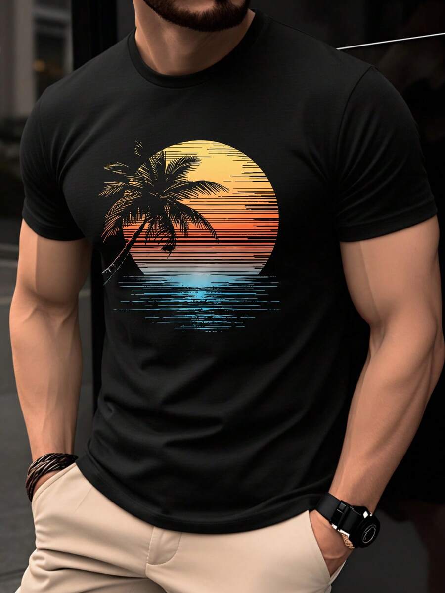 100%Puro algodón para hombre T Camisa,Mangas cortas de verano,Corte ajustado,Diseño de cuello redondo,A la moda y casual,Adecuado para hombres jóvenes,Presenta un diseño con estampado de palmer al atardecer.,Moda,Elegante,Único e interesante. - Negro - Ver 1