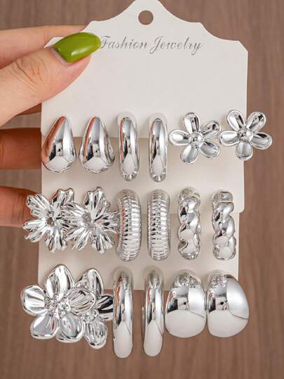 6-18 pièces Boucles d'oreilles à clous à la mode, goutte d'eau lisse, en forme de C, florales, en forme de C texturées, minimalistes. Cadeau idéal pour les amis et la famille, convient pour le port quotidien et les fêtes
