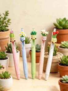 5pcs Creative Plant Shaped Neutral Pens, Random Cute Potted Plant Design Neutral Pens, 0.5mm Quick-Dry Black Ink Ballpoint Pens, First Day Of School - Multicolor - View 4