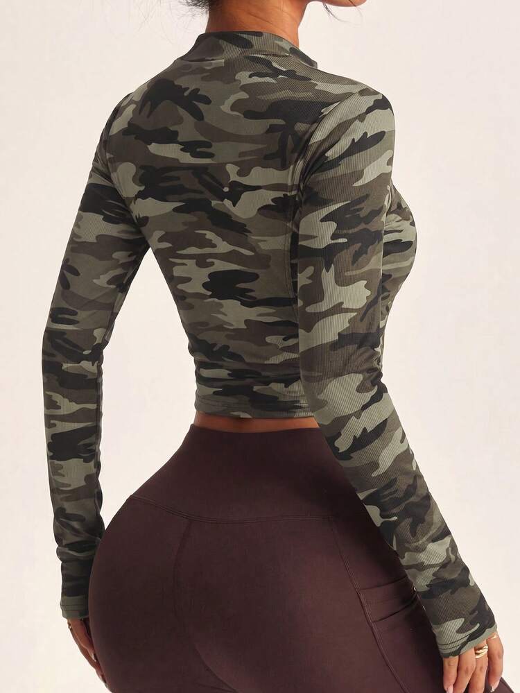 1pc Camouflage Print Stand Collar Zip-Up Fitted Sports Jacket, Women Solid Color Long Sleeve Zip-Up Stand Collar Fitted Jacket, Suitable For Spring/Autumn Wear - Army Green - View 2