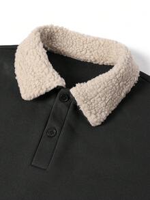 Men's Spring/Autumn/Winter Fashion Casual Versatile Patchwork Minimalist Lamb Fleece Collar Sweatshirt - Black - View 5