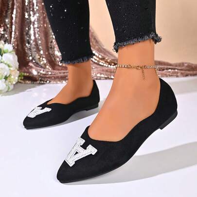 Women's Fashion/Comfort Pearl Embellished Solid Color Pointed Toe/Low Vamp Flat Heel/Flat Sole Pumps Sweet/Elegant/Fairy Style Young Women/Date/Shopping/Spring & Autumn/Black Matte Leather/Suede Flat Shoes