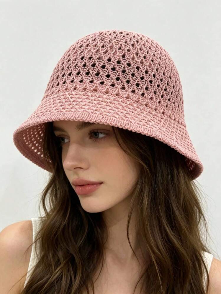 1pc Women's Hollow Out Straw Bucket Hat, Lightweight Breathable Sun Protection Hat For Summer, Suitable For Daily Outings, Beach Vacation, Back To School Season, UV Protection Beach Hat - A - View 15
