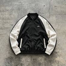 American Retro Minimalist Men's Full Zip Ribbed Cuff Aviator Jacket, Black And White Contrast Color Mountain Logo Detail Flight Jacket - Black - View 9