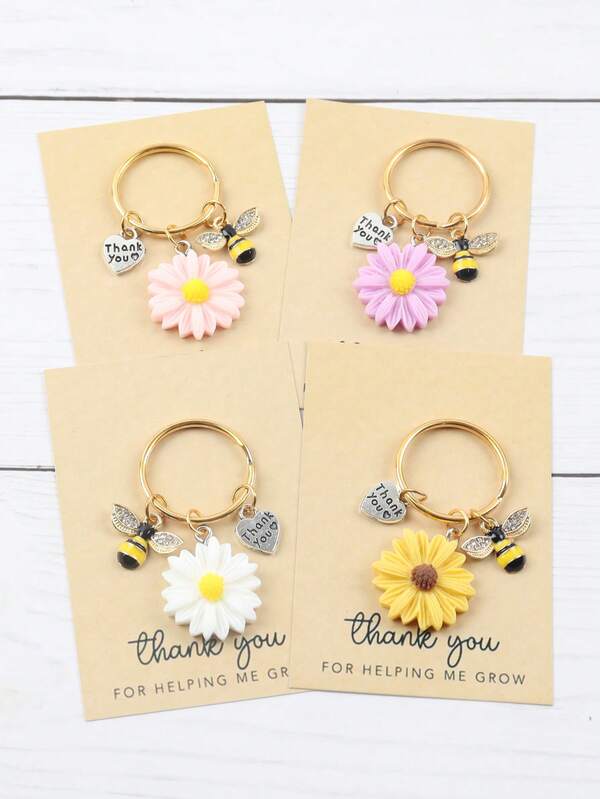 4pcs/8pcs Sunflower & Bee Teacher Appreciation Keychain Gifts In Bulk Teacher Day Christmas Gift Thank You For Helping Me Grow Keychain
