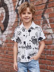 1pc Young Boy Black & White Splatter Short Sleeve Polo Collar Graffiti Crown & Letter Print T-Shirt, Cool Boys Shirt, Summer Kids Casual Polo Shirt, Suitable For Local Children's July 4th Shirt, 5 Years Old Boys Clothing, Clothing, Kindergarten Shirt - White - View 5