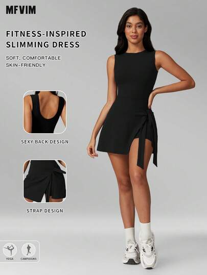 MFVIM Women Fake Two-Piece Tennis Dress, Lace-Up Cutout Back, Anti-Chafing Slim Skort, Easy Care For Yoga, Running, Cycling & Gym Workout