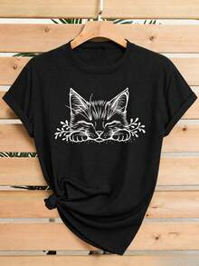 Colección de camisetas de manga corta para mujer de talla grande, con un estilo literario y estampado de gato con ojos cerrados. Esta camiseta casual y deportiva de cuello redondo es fresca - Negro - Ver 1