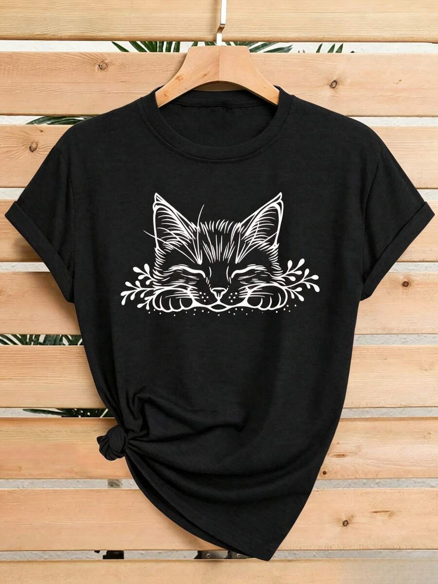 Colección de camisetas de manga corta para mujer de talla grande, con un estilo literario y estampado de gato con ojos cerrados. Esta camiseta casual y deportiva de cuello redondo es fresca - Negro - Ver 1