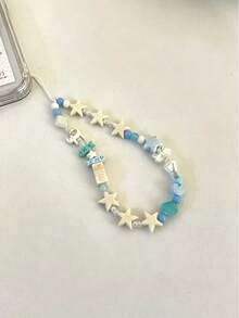 Fresh Sea Salt Blue & White Wooden Star Phone Lanyard, Cartoon Fish & Puppy 3D Beaded Design, Gentle Healing Ins Niche Style Handmade Beaded Wrist Strap, Compatible With Various Phone Cases, Bluetooth Earphones, Keys, Bag Charms, Lightweight & Comfortable, Summer Vibe Accessory, Versatile For Girls' Daily Wear, Exquisite & Cute Gift, Minimalist Ocean Style Decorative Charm - Baby Blue - View 4
