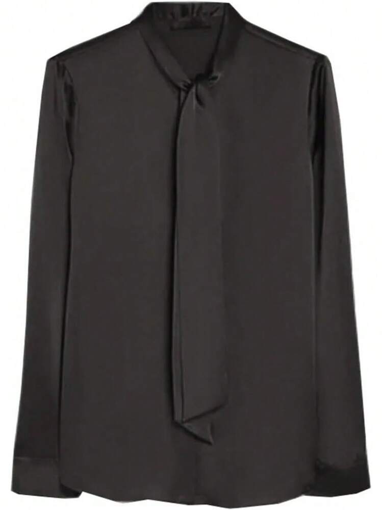 Blusa de seda con cuello alto y cordones para mujer, de manga larga, formal, color liso - Azul - Añade 4
