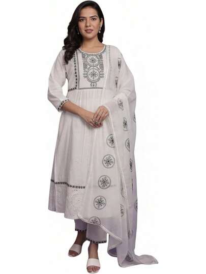 White Embroidered A-Line Kurta Set Women - Soft Cotton Suit With Dupatta