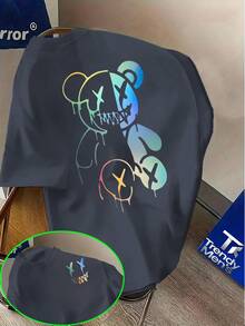 Street Style Printed T-Shirt With Gradient Color Cool Bear Pattern And Creative Graffiti Design, Perfect For Daily Wear To Showcase Personality - 白色 - 查看 6