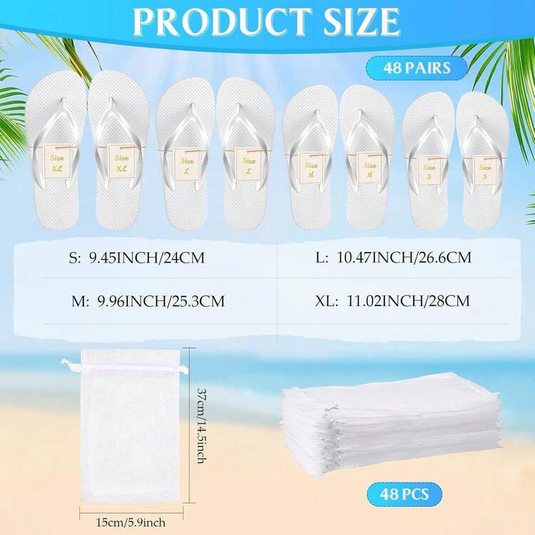 Unittype - 48 pares de chanclas a granel para invitados de boda, hotel, con tarjetas de tamaño y bolsas para boda, playa y piscina - Blanco - Añade 5