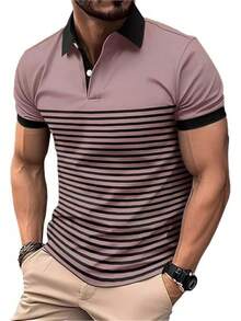 Camisa Polo Hombre, Camisa Tipo Polo Hombre, Cómodo y Transpirable, Rayas con Cuello en V, 3 Botones, Playeras Polo Hombre, Adecuado para Negocios - Morado - Ver 10