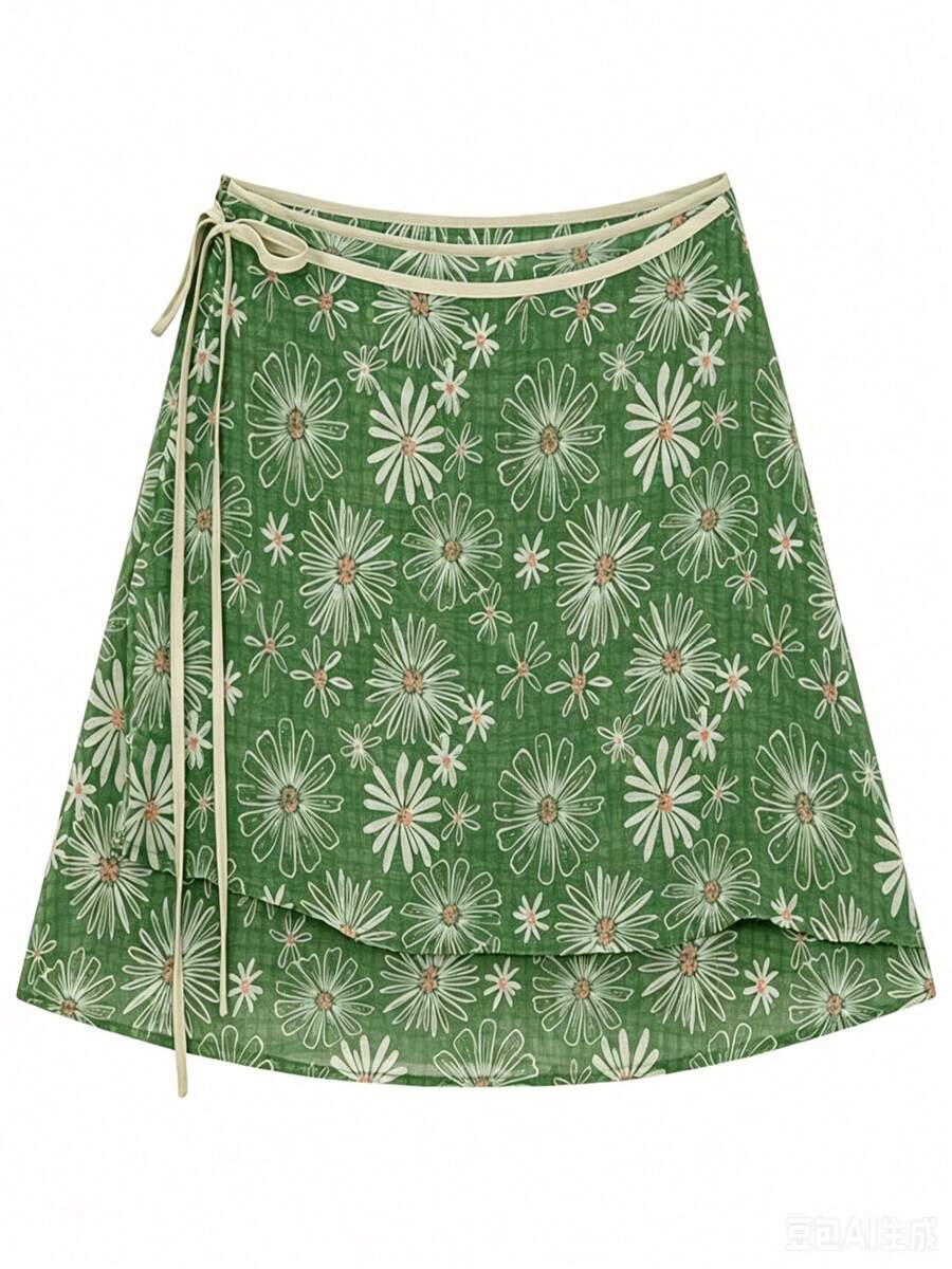Conjunto de 2 piezas de mujer con top de cuello redondo minimalista de unicolor de manga corta y pantalones rectos de cintura alta, elegante para primavera/verano - Verde militar - Ver 1