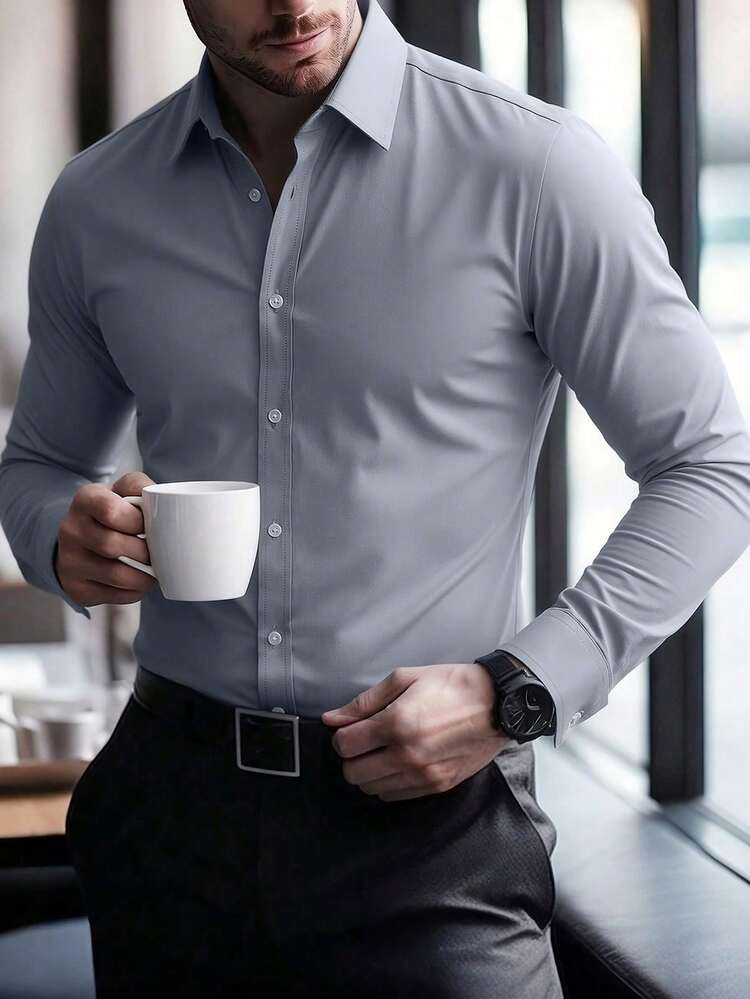 anfinity Mode Elegante camisa de vestir blanca de manga larga para uso formal o de oficina con cuello de camisa, camisas de negocios, camisa casual de negocios para hombres, otoño, ceremonia - Negro - Añade 28