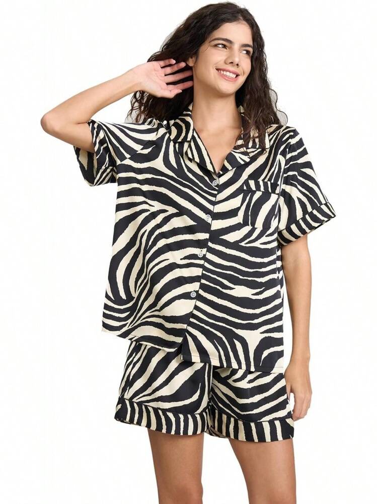 YiNi LuLu - Conjunto de pijama de satén de seda para mujer, 2 piezas, pijama de manga corta, de gran tamaño, con bolsillos - Cebra - Añade 28