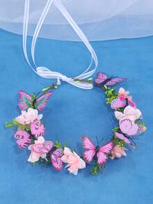 KOVLYNE 1件波希米亞風蝴蝶花冠髮箍，粉色仙女花卉髮環，浪漫節慶與婚禮女性髮飾 - 粉色 - 查看 2