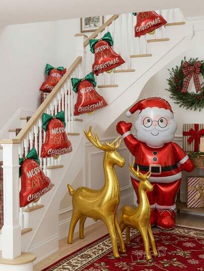 7pcs/4pcs/5pcs/2pcs Christmas Santa Claus Gold Reindeer Bell Balloon Set, Giant 4D Standing Santa Claus Foil Balloon, Large & Small Gold Deer Shaped Balloons, Bow Christmas Bell Foil Balloons, New Year Staircase Xmas Holiday Festive