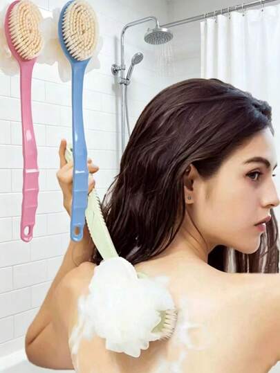 1 pièce Brosse de douche à long manche rose, brosse à récurer multifonction pour l'exfoliation du dos et le nettoyage de la douche