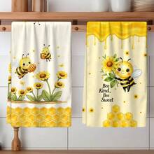 2/4/6pcs Set, Dish Towel, Little Bee Kitchen Towel And Dishcloth - Cute Farmhouse Style Decor, Adorable Bee Theme Hand Towel Suitable For Farmhouse Style Home, Modern Kitchen Decor Dishcloth, Machine Washable Bee Print, Home Gift For Mom, New Home Gift, Reusable Kitchen Cleaning Cloth For Home Kitchen Decor - Multicolor - View 4
