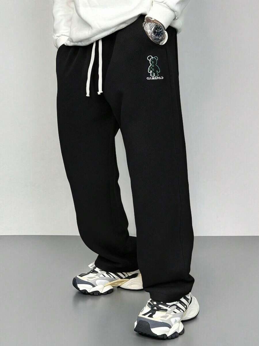Men's Casual Loose Bear Embroidery Pattern Straight Leg Pants - Black - View 1