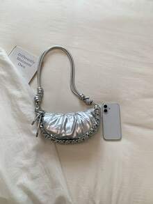 Bolso de mujer 2026 nueva moda estilo croissant dumpling, bolso para teléfono, bolso de hombro, bolso cruzado pequeño - Plateado - Ver 9