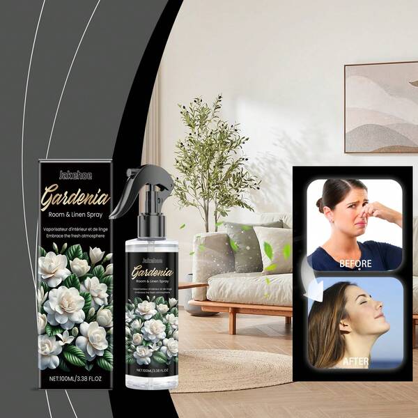100ml ガーデニアフラワー スプレー、長持ちする天然フローラル香りのエアフレッシュナー、優しく生地を保護する消臭剤、寝室、バスルーム、ソファ、寝具、ワードローブ、ペットスペースなど多用途消臭スプレー、家庭内環境の煙、汗、カビ、ペットの臭いを効果的に除去