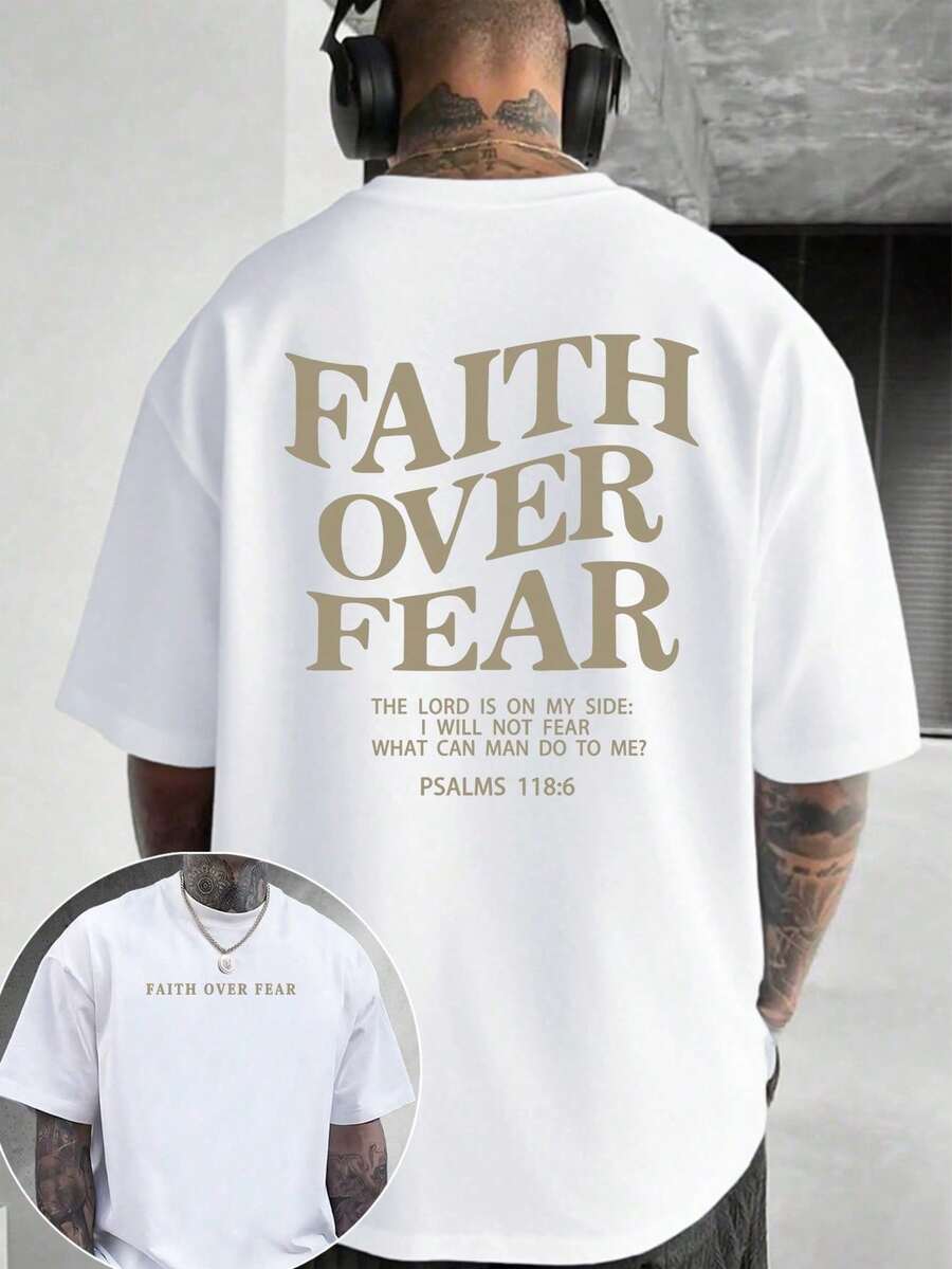 Men's Christian T-Shirt "FAITH OVER FEAR" | Psalm 118:6 Design | Inspirational Streetwear | 100% Cotton | Unisex Fit | Ideal Gift For Believers - 軍綠色 - 查看 1