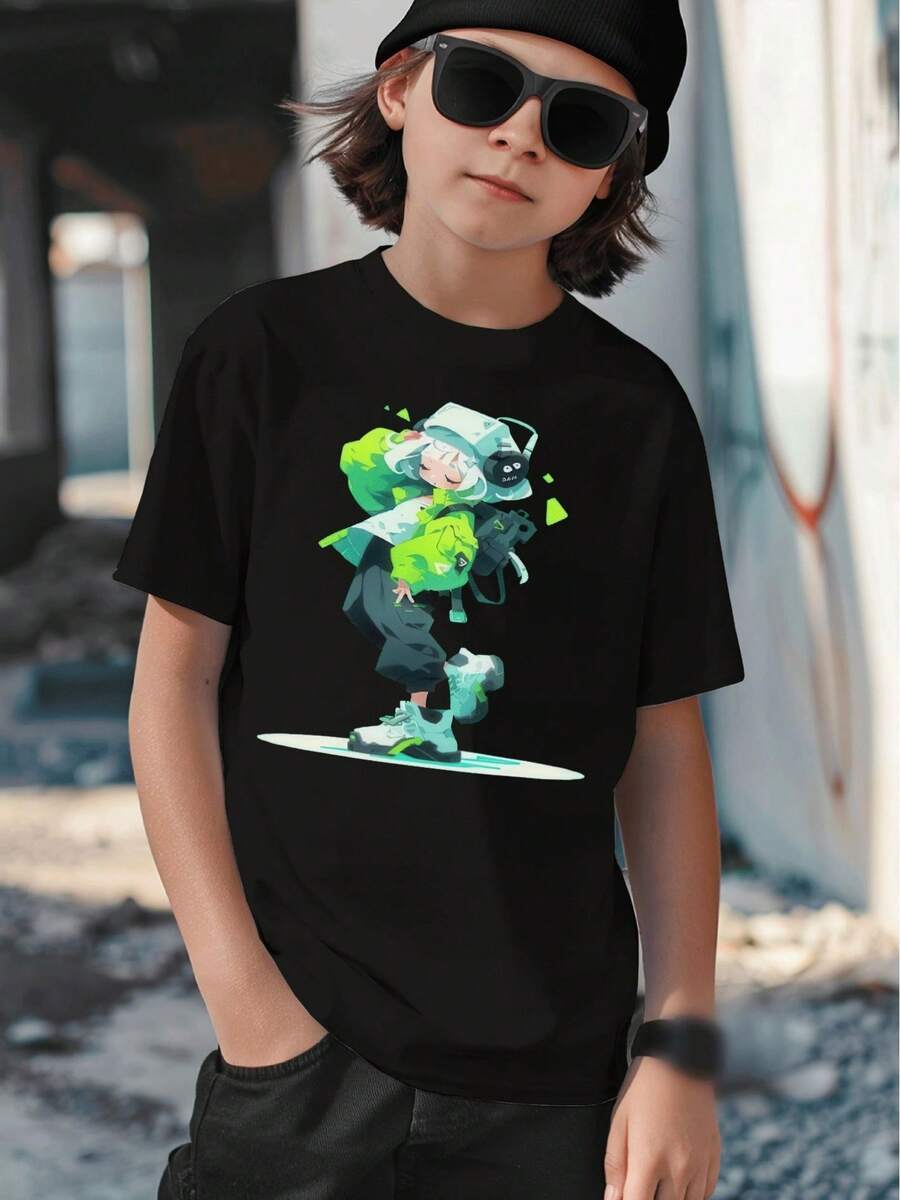 Camiseta para niños con estampado de patineta estilo cartoon, casual y a la moda, adecuada para el uso diario de niños de 5 a 13 años. - Negro - Ver 1