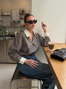 Women's Fashion Business Single-Breasted Striped Long Sleeve Shirt - Grey - View 3