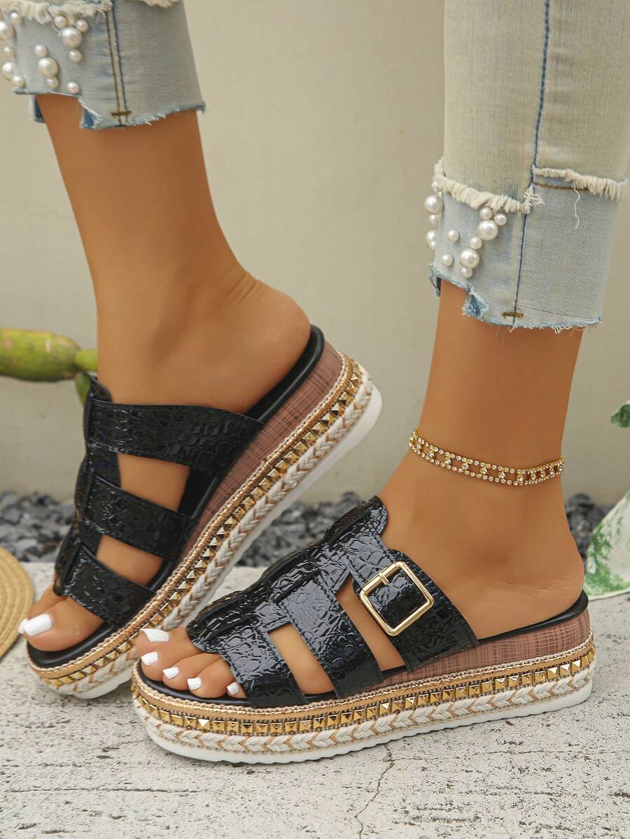 Women's Summer New Wedge Heel Thick Sole Open Toe Beach Sandals Black Crocodile Pattern Roman Style Hollow Wide Strap Metal Buckle Slip-On Slouchy Shoes European American Vintage Bohemian Vacation Style Comfortable Non-Tiring Soft Sole Shock-Absorbing Plus Size Casual Versatile Lightweight Stable Non-Slip Wear-Resistant Skin-Flattering Platform Shoes Wood Grain Heel Woven Edge Fashion Street Personality Slip-On - Black Crocodile Pattern - View 1