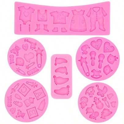 6Pcs Cute Baby Silicone Fondant Cake Mold Baby Birthday Party Kitchen Baking Mold Cake Decorating Moulds Modeling Tools Baby Shower Gender Reveal Party Gummy Sugar Chocolate Candy Cupcake Mold