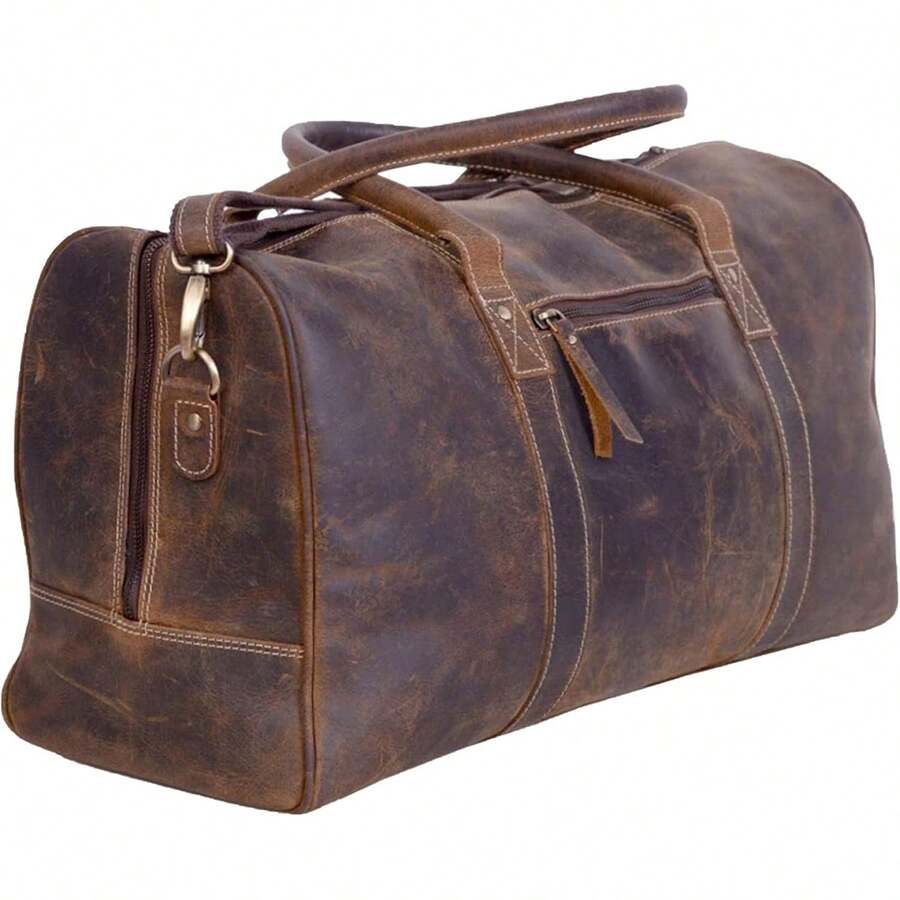 KomalC - Bolsa de Viaje de Piel para Hombres y Mujeres, de Grano Completo, para Fin de Semana, Deportes y Gimnasio - Marrón, Búfalo Envejecido Bronceado - Búfalo envejecido bronceado - Ver 1