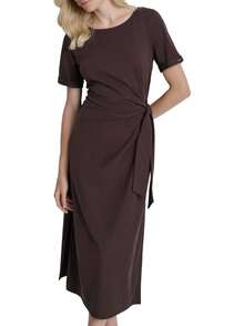 DKNY Vestido de Manga Corta con Cuello Barco y Lazo Frontal VestidoMujer - Ciruela chocolate - Ver 5