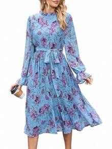 ANRABESS - Vestido midi floral para mujer, manga larga, con volantes, de gasa, acampanado, plisado, con cinturón, vestido de fiesta para té - Rosa rosado - Ver 20