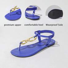 Sandalias Romanas Planas con Correa de Tobillo, Anillo Doble Dorado y Azul Klein, Versátiles para Mujeres en Ocasiones de Playa, Citas, Vacaciones y Desplazamientos - Azul - Ver 4