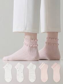 ZUJO 5 Pairs Women's Pink & White Short Socks, Floral & Striped Pattern, Suitable For Year-Round Wear, Simple & Comfortable, Random Color - Multicolor - View 4