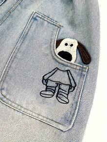 Boys' Light Blue Washed 3D Puppy Embroidery Elastic Waist Wide Leg Denim Jeans, Soft Loose Casual Long Pants For Kids - Light Wash - View 4