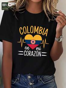 Camia CóModa Para Mujer 100% AlgodóN - DiseñO De CorazóN Con La Bandera De Colombia Y Estampado "En Mi CorazóN", Verano Y2K Blusa,Temporada De Graduaciones Playeras Ropa De Mujer - Negro - Ver 1