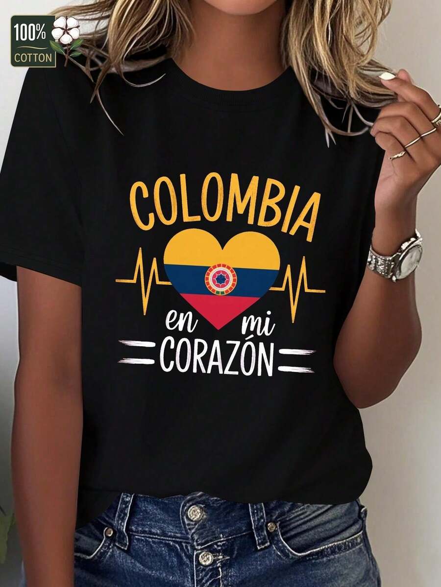 Camia CóModa Para Mujer 100% AlgodóN - DiseñO De CorazóN Con La Bandera De Colombia Y Estampado "En Mi CorazóN", Verano Y2K Blusa,Temporada De Graduaciones Playeras Ropa De Mujer - Negro - Ver 1