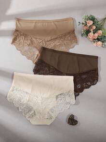 3pcs Women's Plus Size Earth Tone Panties, Exquisite Sexy Lace Floral ...
