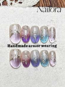 10pcs Handmade Oval Press-On Nails, Short Acrylic Fake Nails, Pink Purple Blue Cat Eye Irregular Line Star Moon Pearl Nail Art, Summer DIY Nails For Party, Daily, Date, Vacation, Women Girls Gift Nail Supplies - Multicolor - View 1