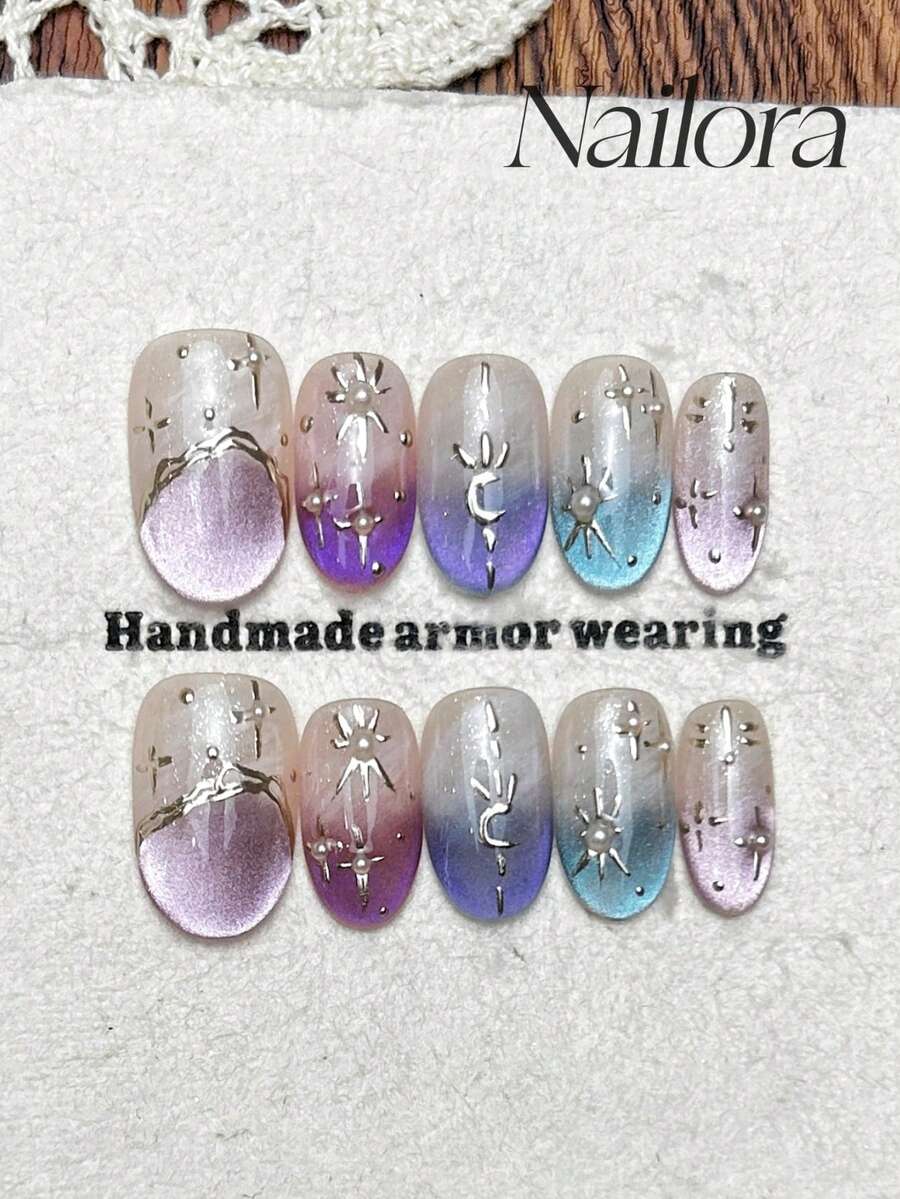 10pcs Handmade Oval Press-On Nails, Short Acrylic Fake Nails, Pink Purple Blue Cat Eye Irregular Line Star Moon Pearl Nail Art, Summer DIY Nails For Party, Daily, Date, Vacation, Women Girls Gift Nail Supplies - Multicolor - View 1